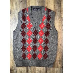 Vintage 90s Par Four Argyle Golf Sweater Vest Wool Blend Gray Red Large Diamond.